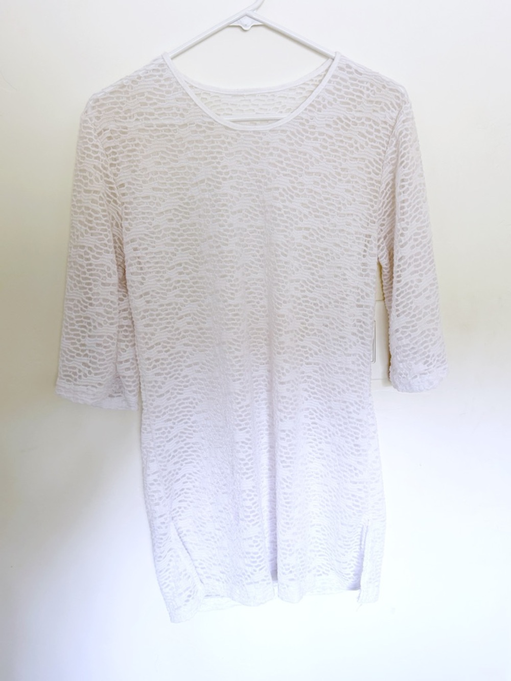 White Stetch Crochet Swim Cover Up Tunic Beach Coverup Boho Open Knit 3/4 Sleeve